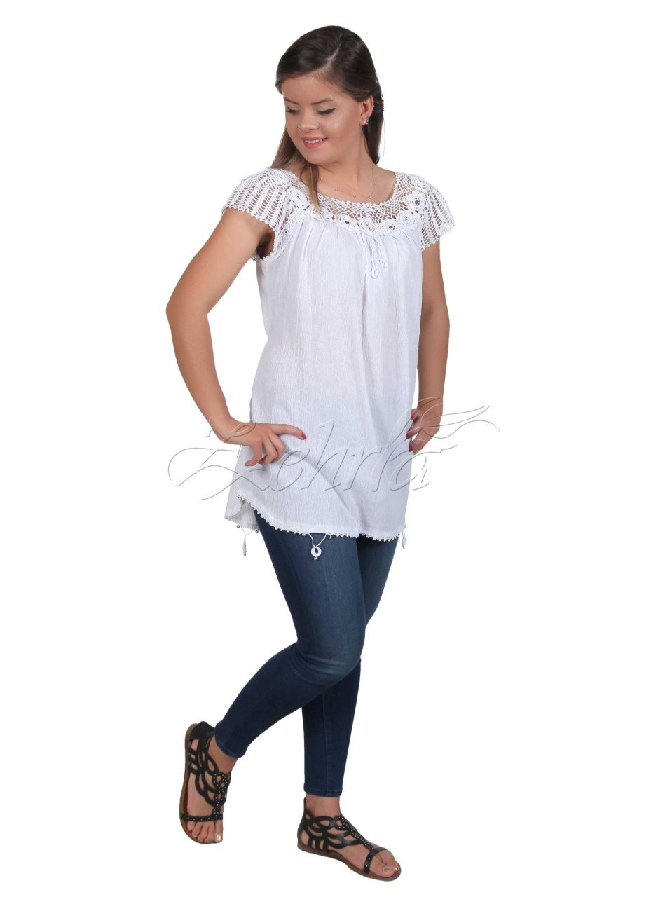 Ayla Tığ İşi Şile Bezi Bluz S/M - Beyaz