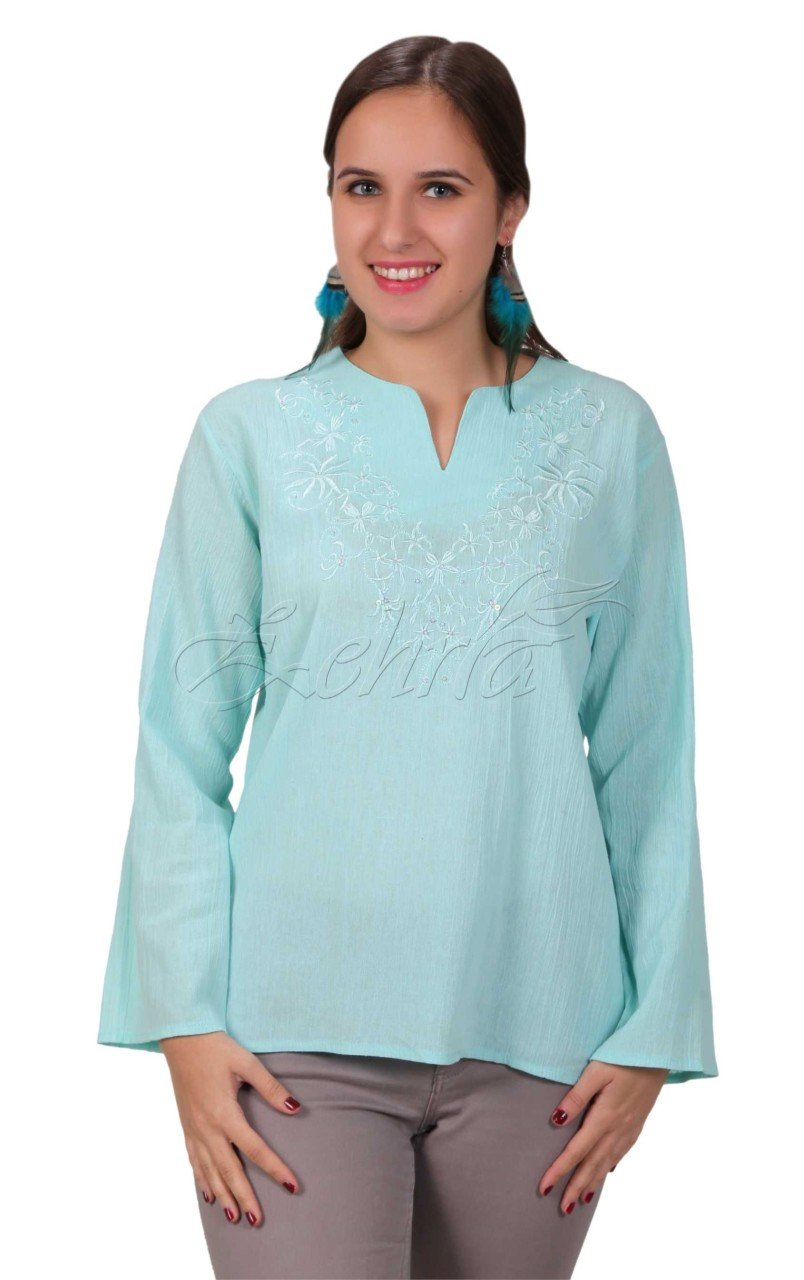 Yasemin Uzun Kollu Şile Bezi Bluz (Tonaton Nakış) Mint - XXL