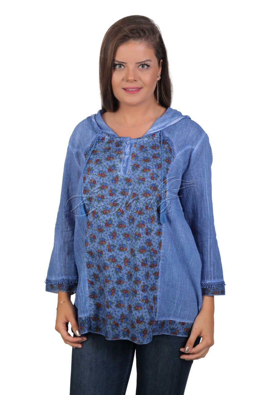 Firuze Kapüşonlu Vual Bluz XXL - İndigo
