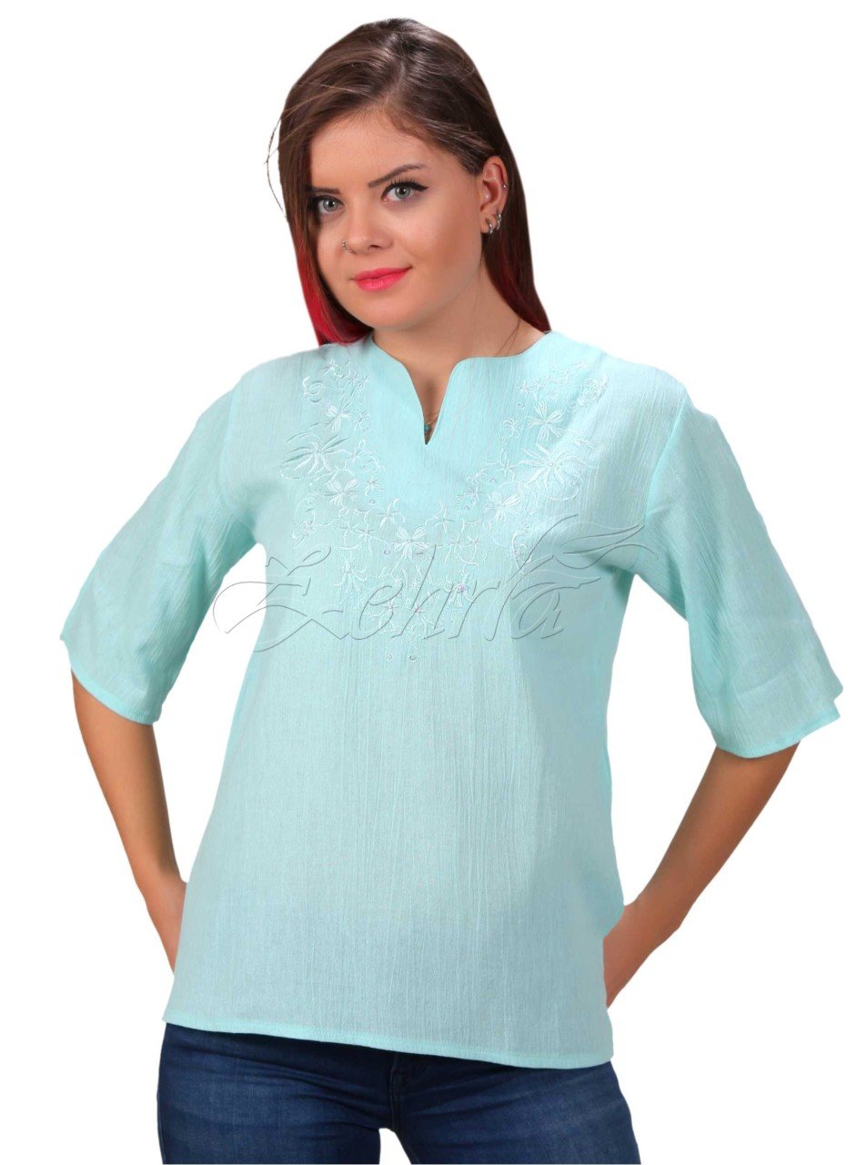 Yasemin Kısa Kollu Şile Bezi Bluz (Tonaton Nakış) Mint - M