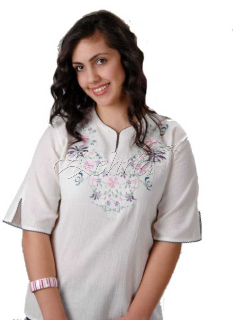 Yasemin Kısa Kollu Şile Bezi Bluz (Renkli Nakış) Krem/Lila - XXL
