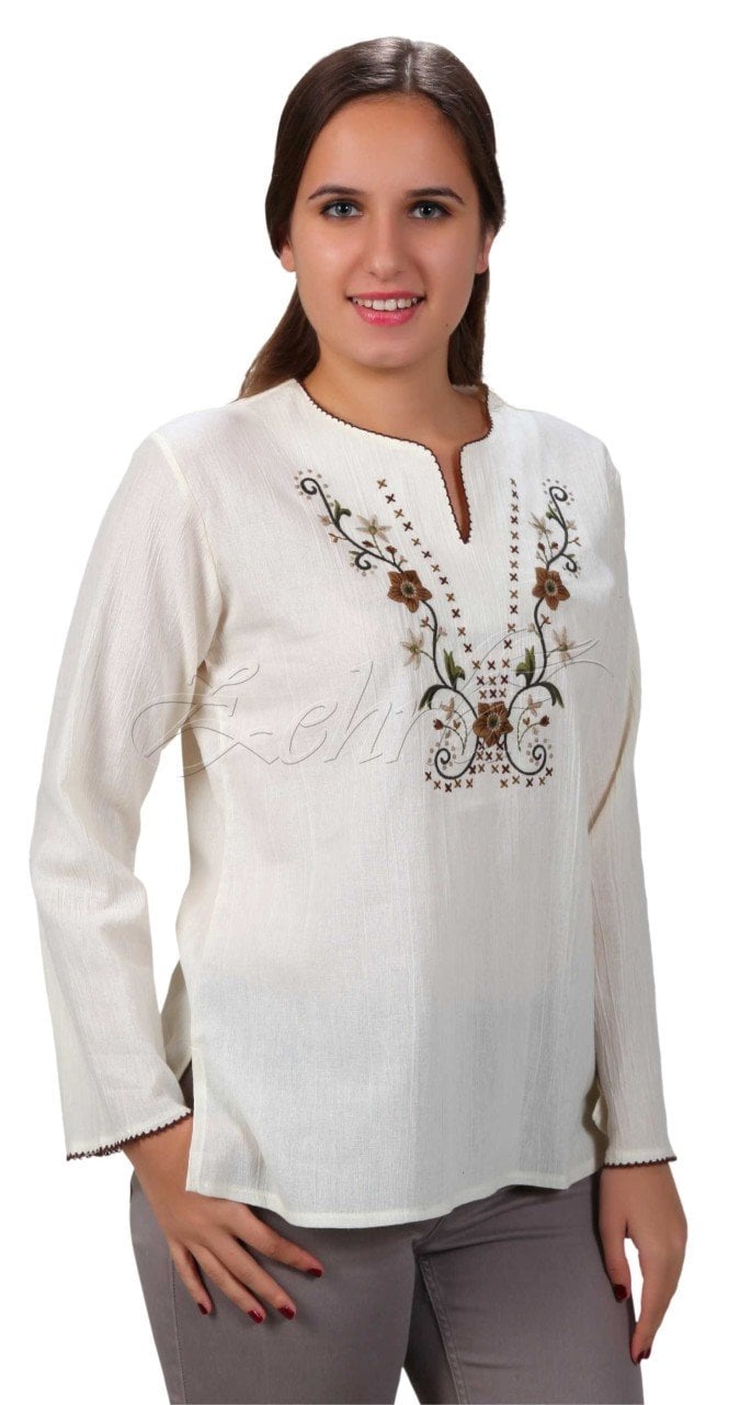 Bahar Uzun Kollu Şile Bezi Bluz Krem - XL