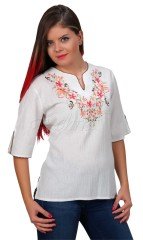 Yasemin Kısa Kollu Şile Bezi Bluz (Renkli Nakış) Krem/Oranj - XXL