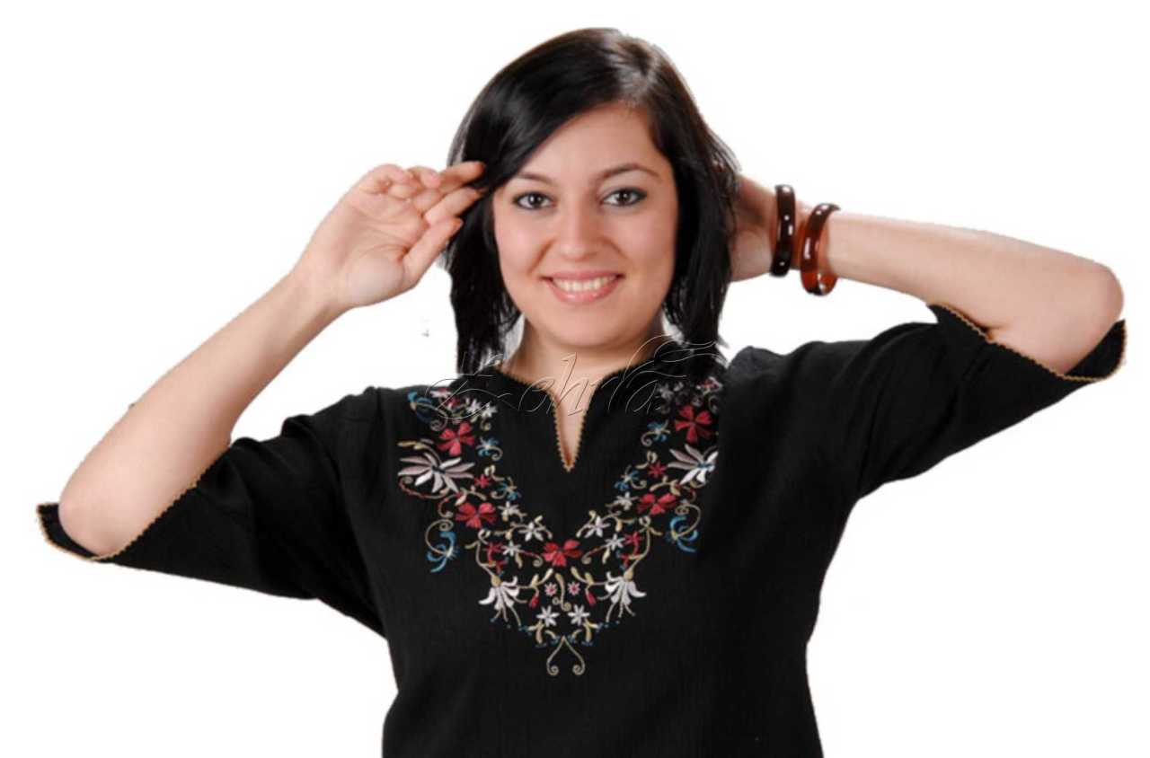 Yasemin Kısa Kollu Şile Bezi Bluz (Renkli Nakış) Siyah - XXL
