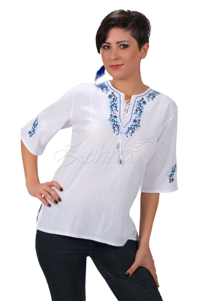 Tuğçe Kısa Kollu Şile Bezi Bluz Beyaz - XL