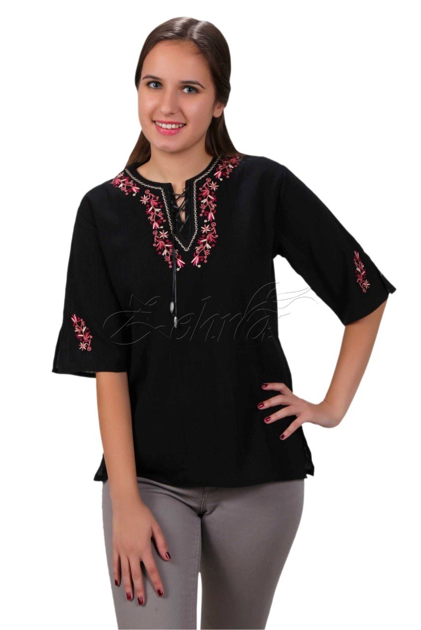 Tuğçe Kısa Kollu Şile Bezi Bluz Siyah - XL