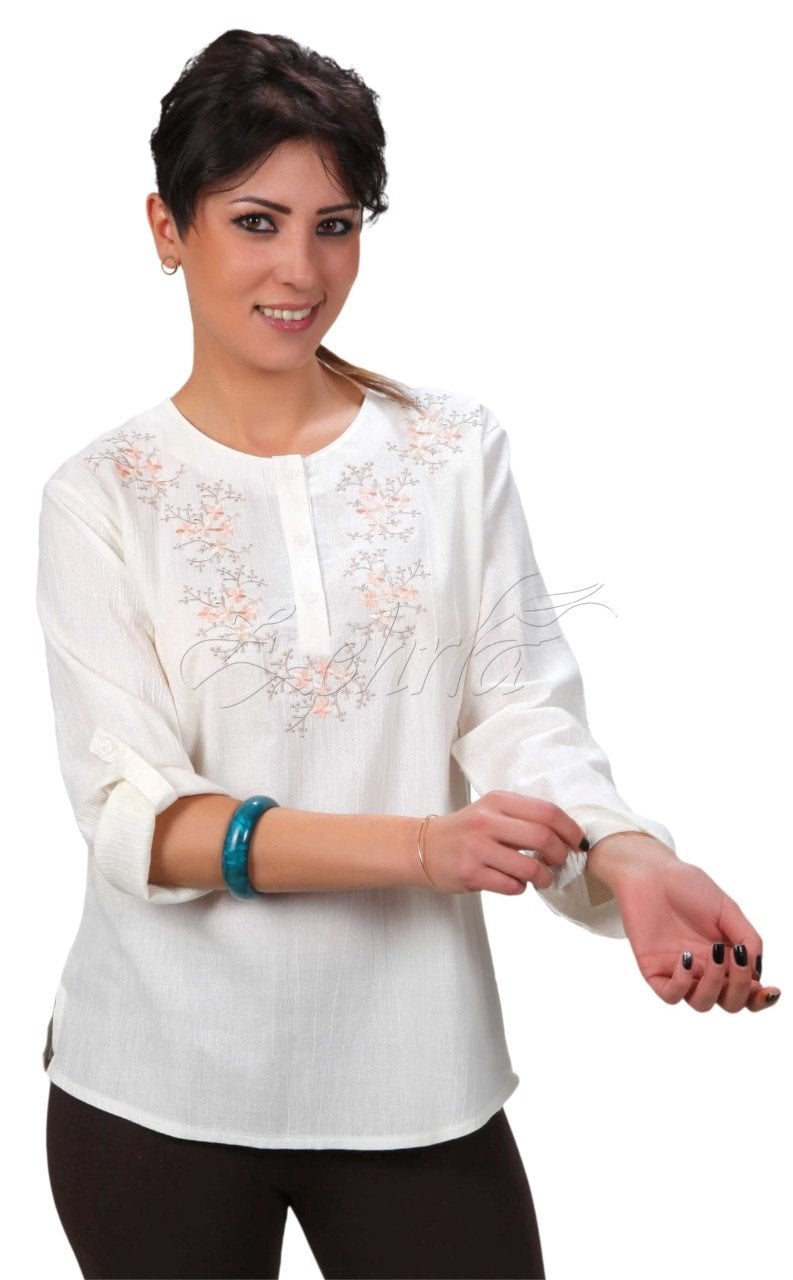 Serpil Uzun Kollu Şile Bezi Bluz Krem - XL