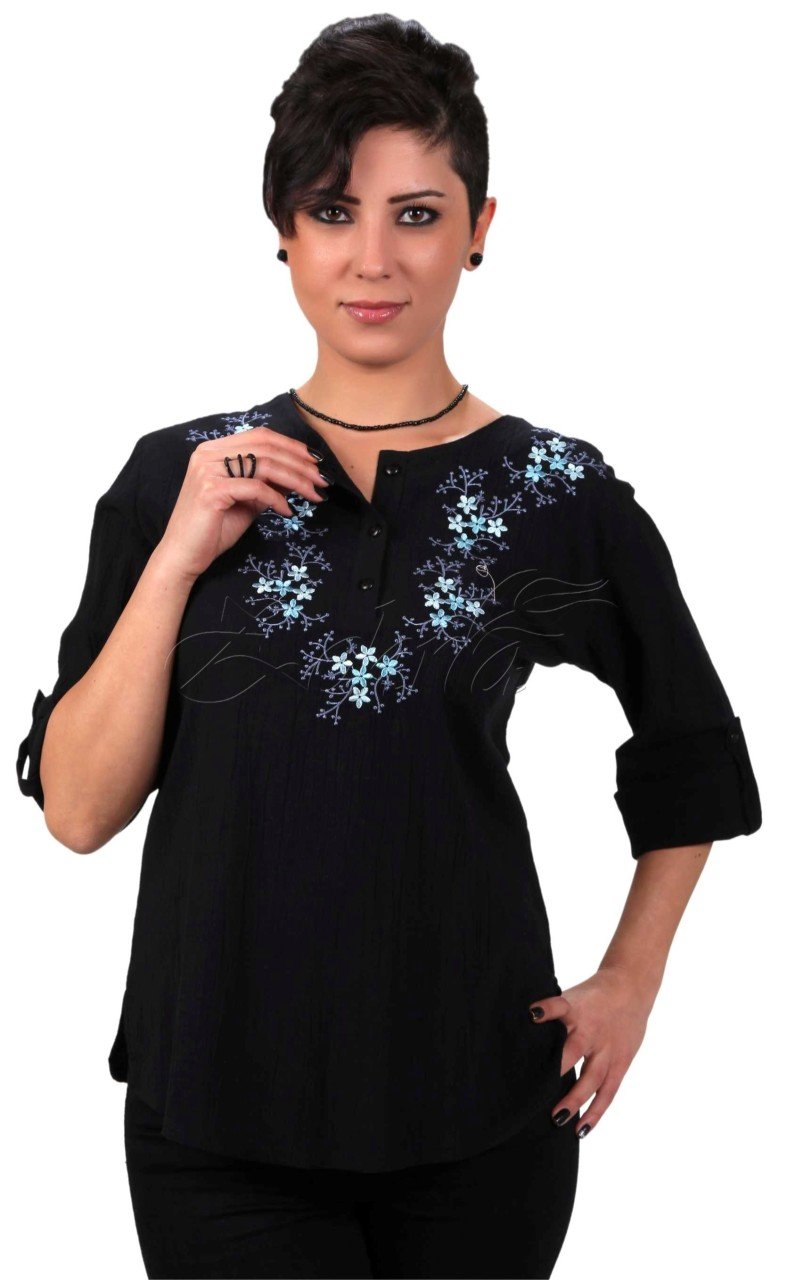 Serpil Uzun Kollu Şile Bezi Bluz Siyah - XL