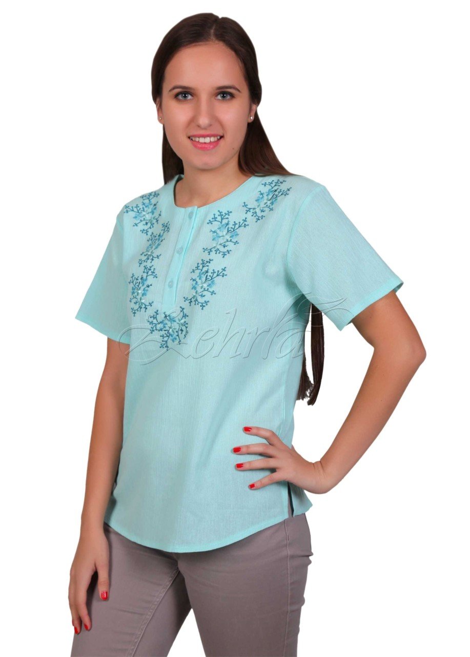 Serpil Kısa Kollu Şile Bezi Bluz Mint - S