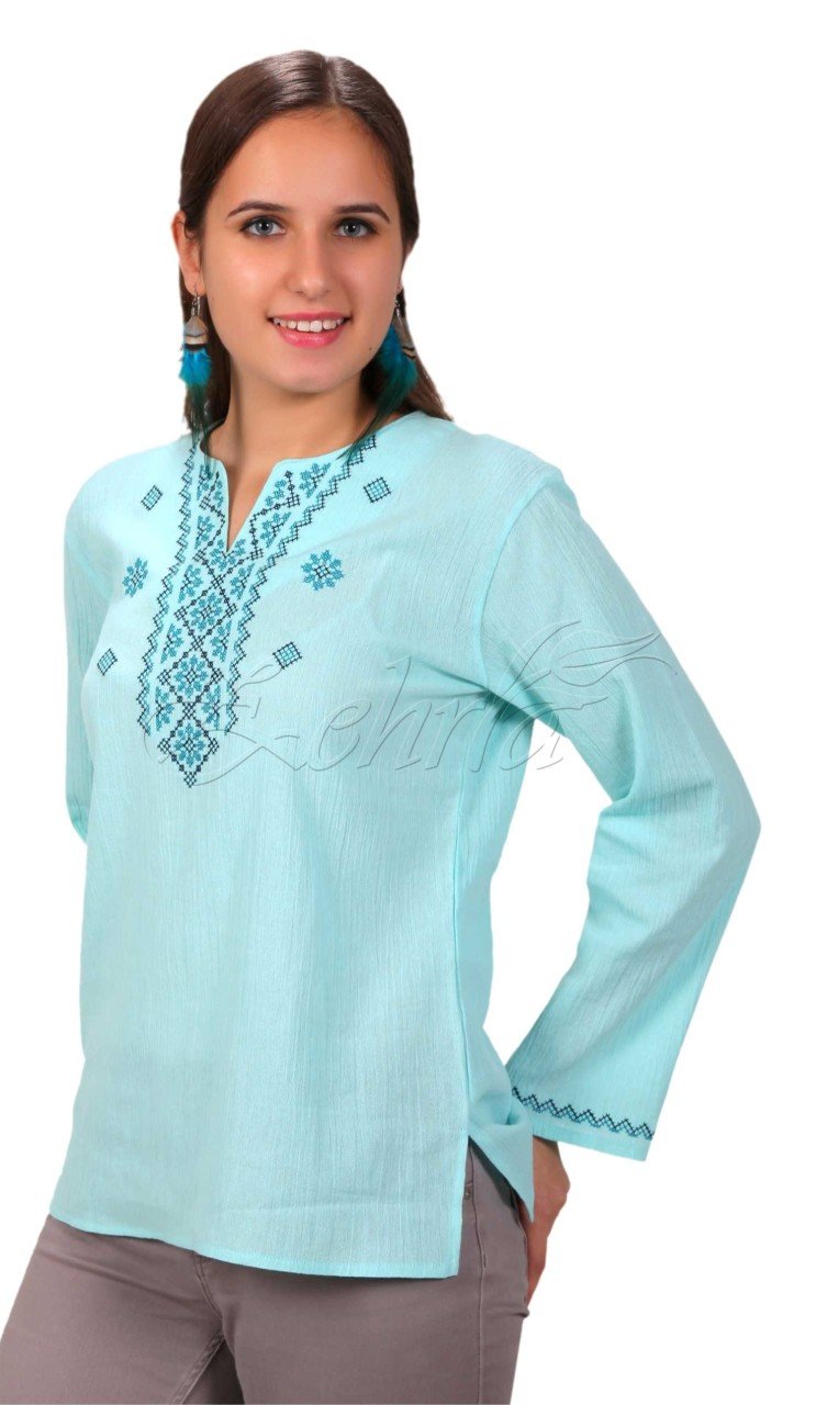 Mısra Uzun Kollu Şile Bezi Bluz Mint - XL