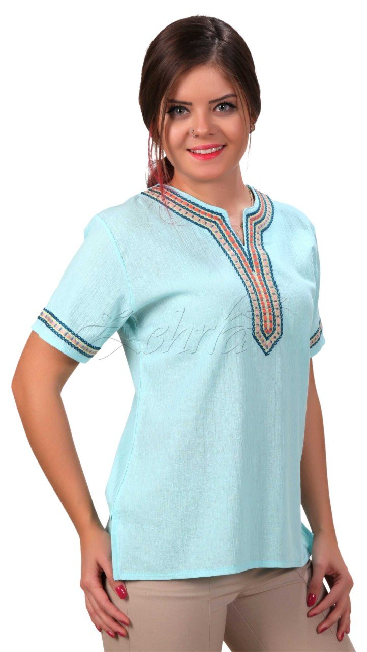 Irmak Kısa Kollu Şile Bezi Bluz Mint - S