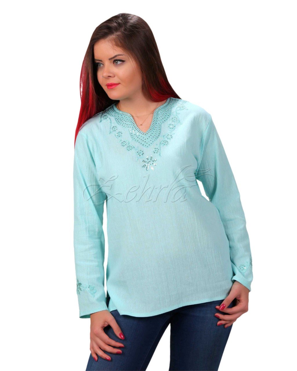İnci Uzun Kollu Şile Bezi Bluz Mint - XXL