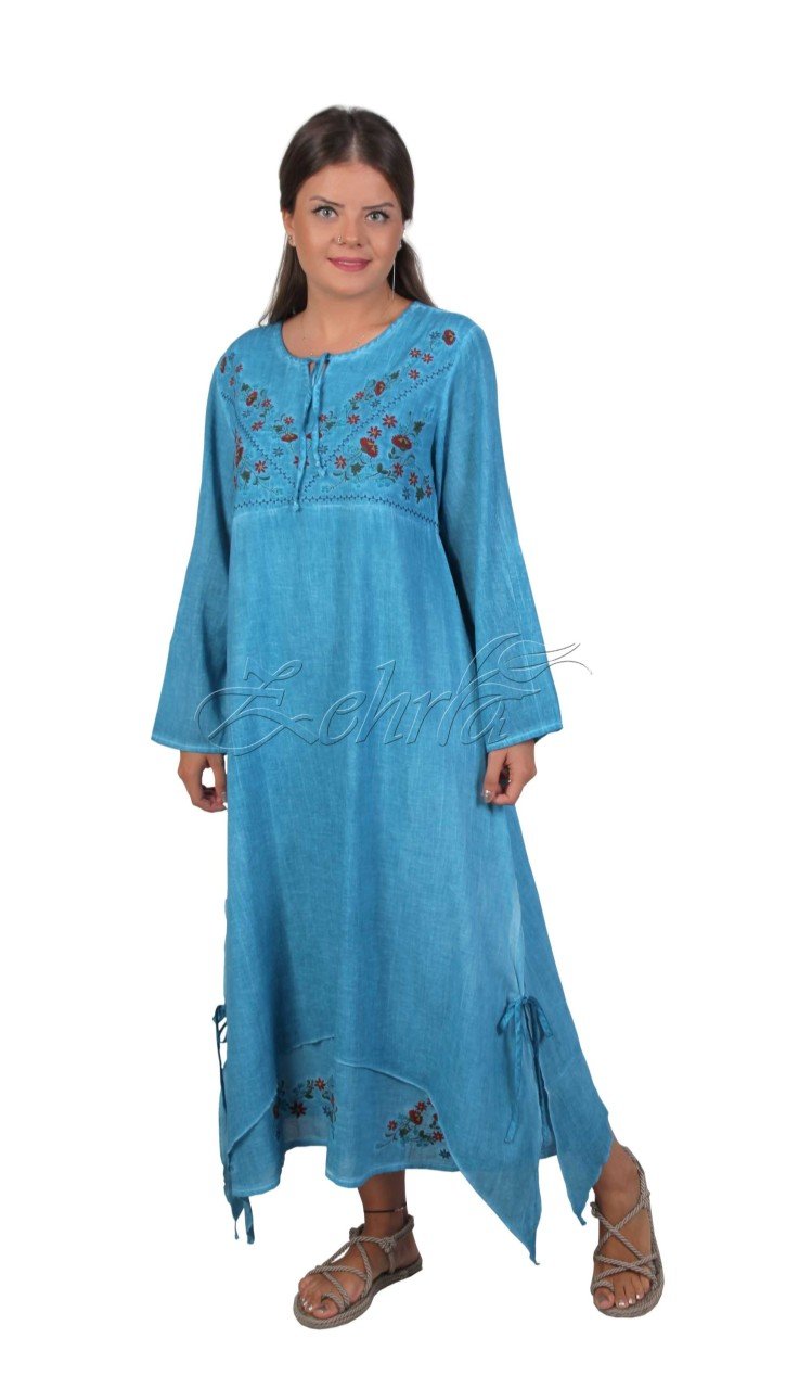 Neslihan Uzun Kollu Şile Bezi Astarlı Boyalı Elbise Turkuaz - L/XL