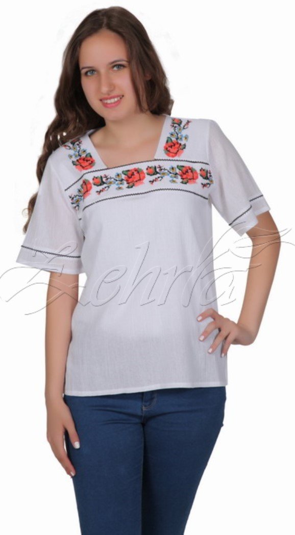 Gülşen Kısa Kollu Şile Bezi Bluz Beyaz - XL