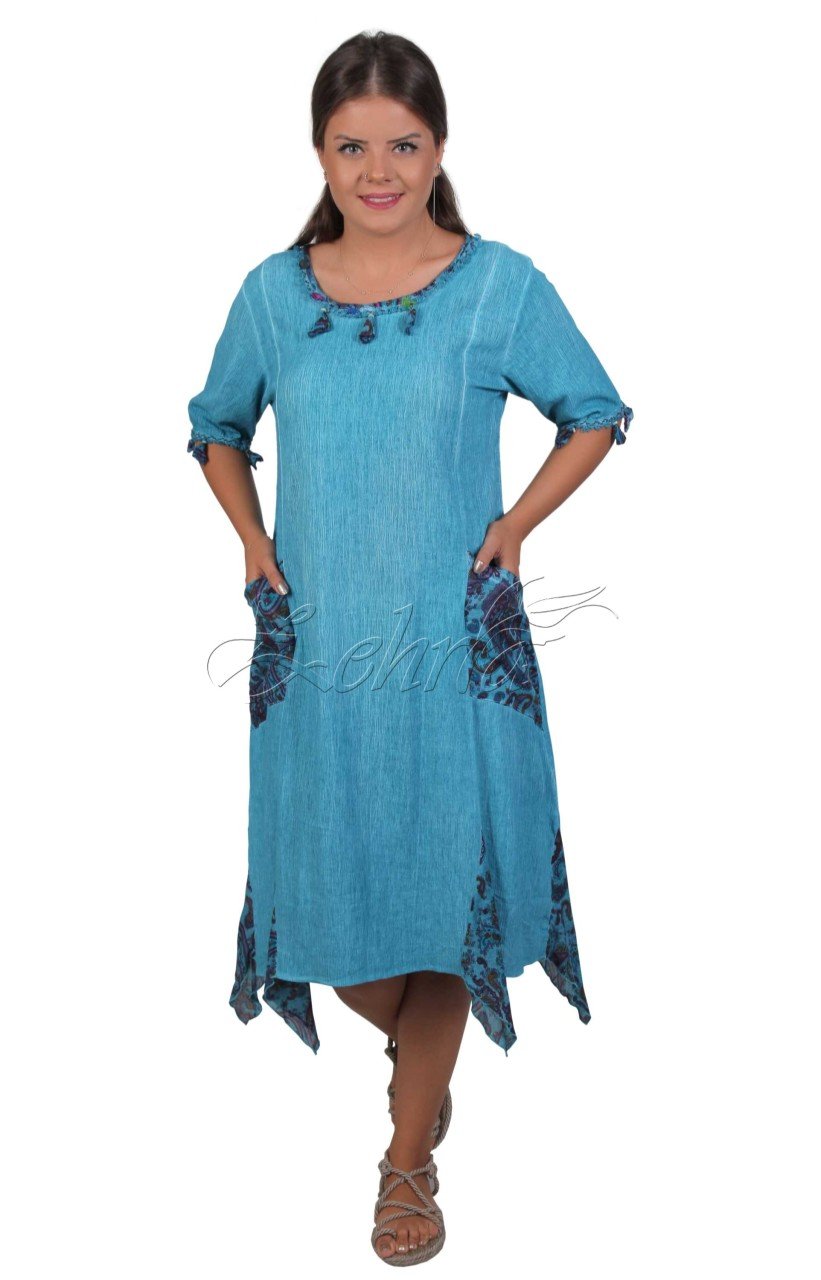 Carmen Kısa Kollu Vual Boyalı Elbise Turkuaz - L/XL