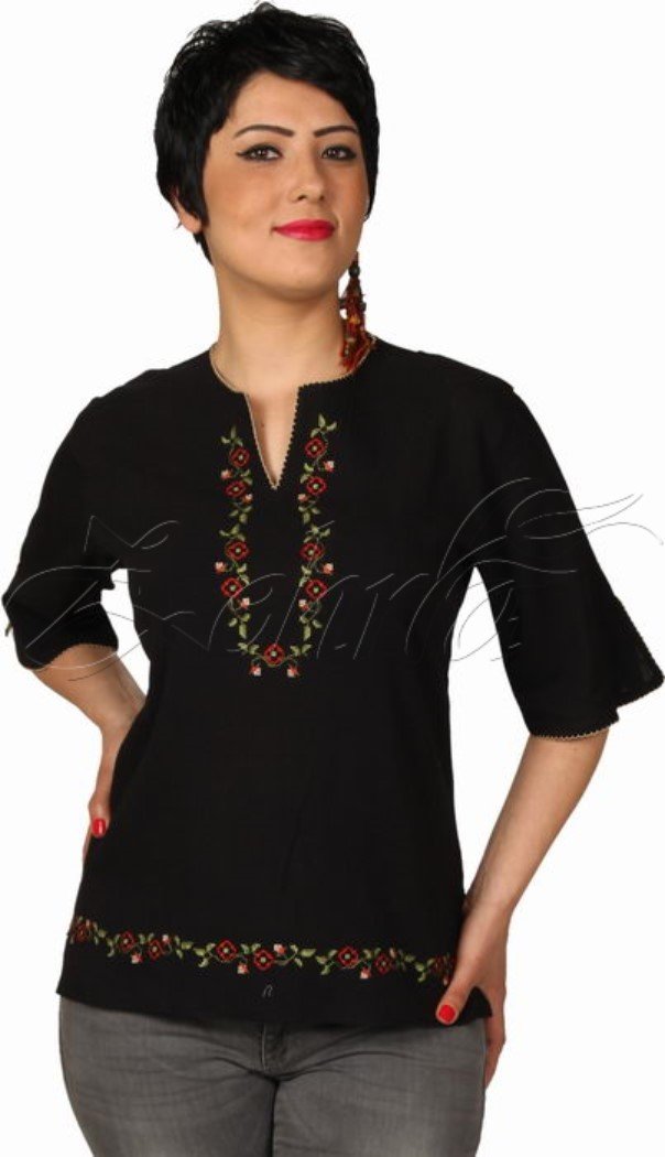 Filiz Kısa Kollu Şile Bezi Bluz Siyah - L