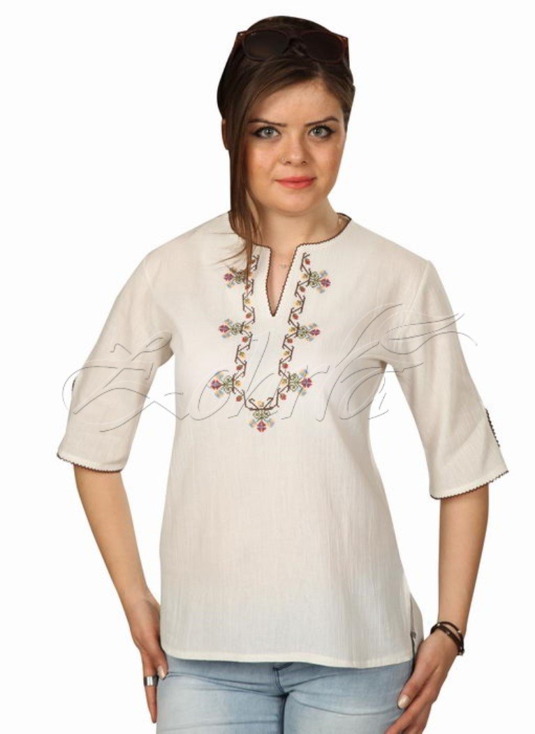 Esra Kısa Kollu Şile Bezi Bluz Krem - XL