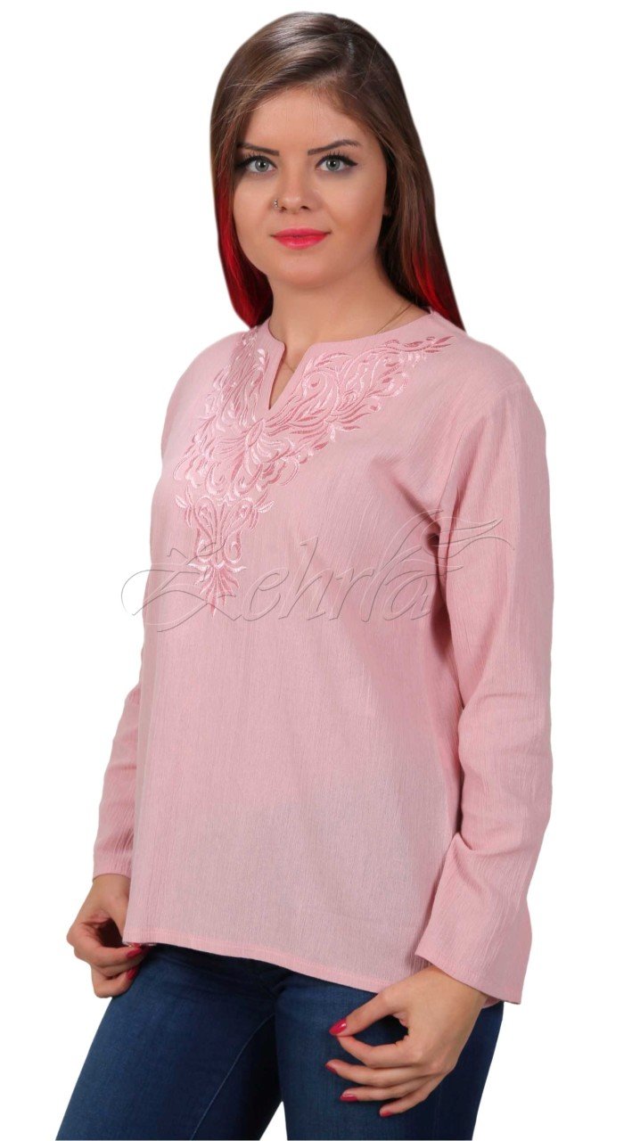 Damla Uzun Kollu Şile Bezi Bluz Pudra - XXL