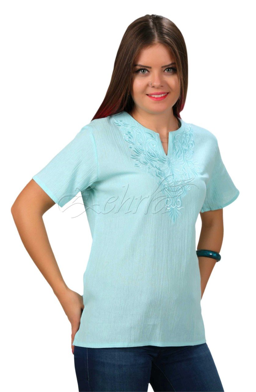 Damla Kısa Kollu Şile Bezi Bluz Mint - XXL
