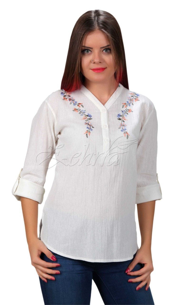 Burçak Uzun Kollu Şile Bezi Bluz Krem - XXL