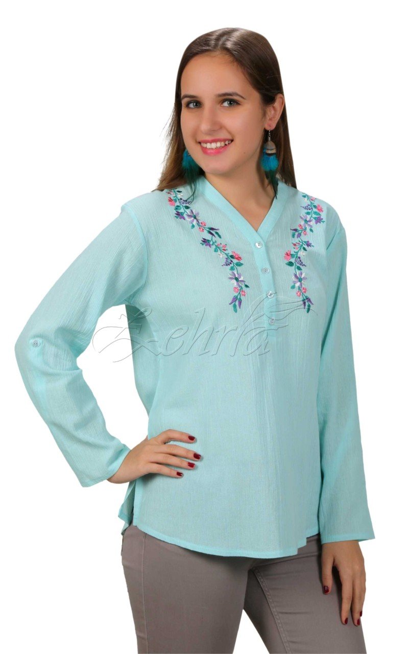 Burçak Uzun Kollu Şile Bezi Bluz Mint - L