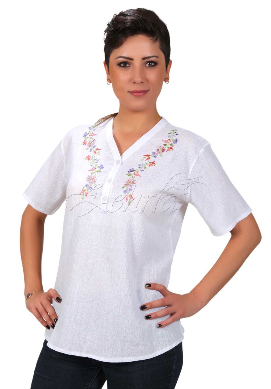 Burçak Kısa Kollu Şile Bezi Bluz Beyaz - XXL