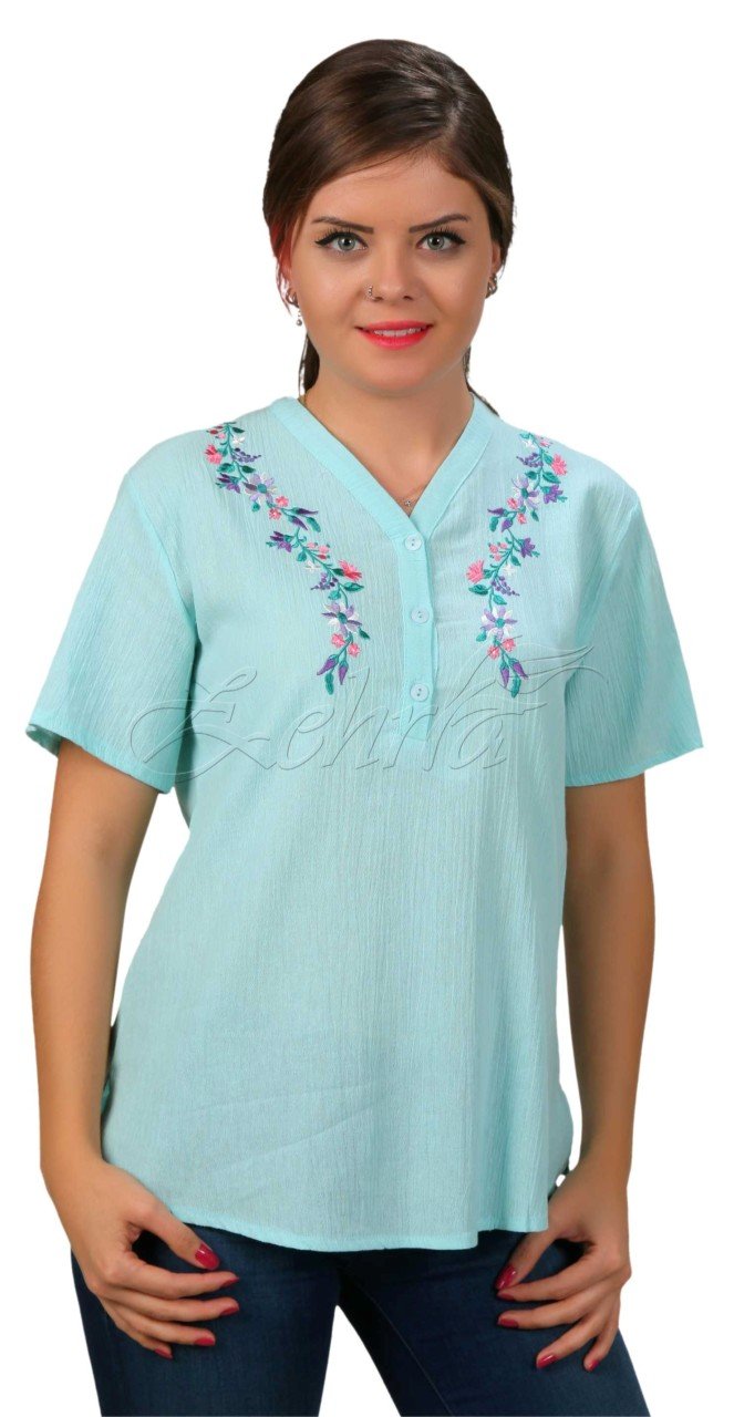 Burçak Kısa Kollu Şile Bezi Bluz Mint - XXL