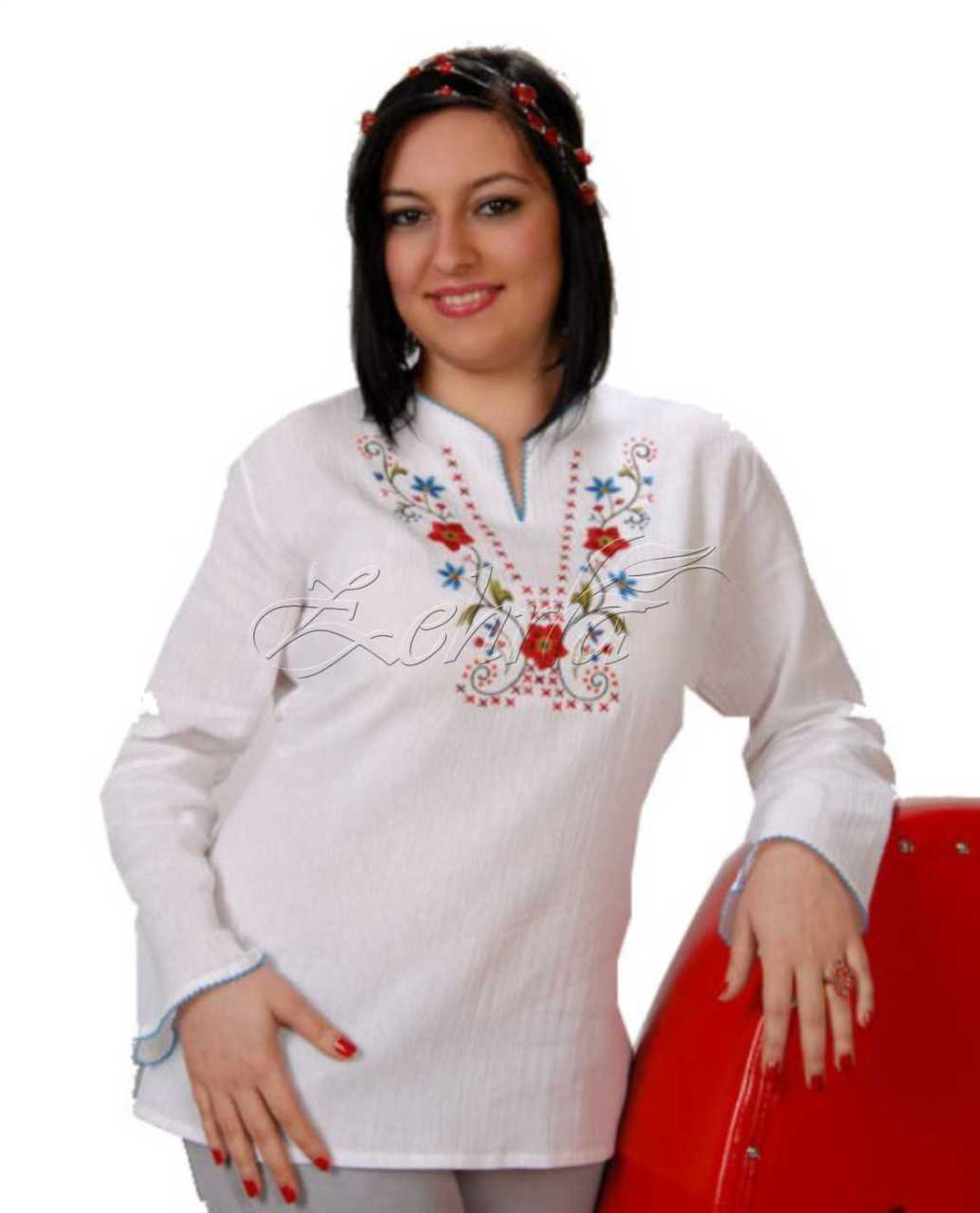 Bahar Uzun Kollu Şile Bezi Bluz Beyaz/Kırmızı - L