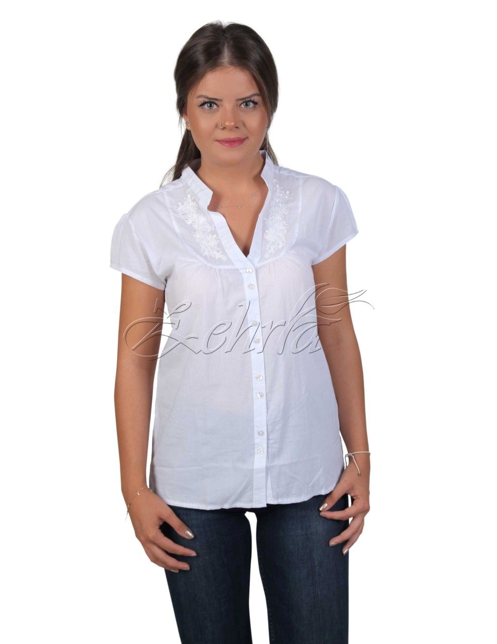 Çiğdem Kısa Kollu Vual Gömlek (Tonaton Nakış) Beyaz - XXL