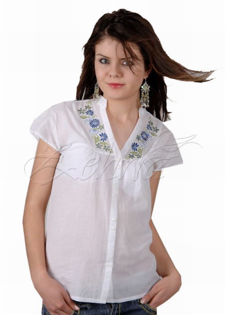 Çiğdem Kısa Kollu Vual Gömlek (Renkli Nakış) Beyaz - M