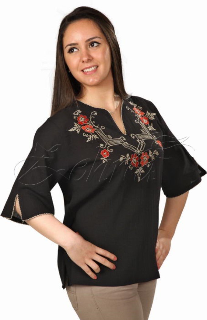 Aslı Kısa Kollu Şile Bezi Bluz Siyah - L