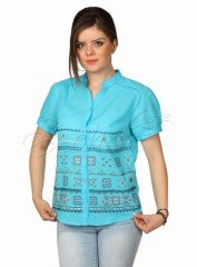 Beyza Kısa Kollu Vual Gömlek Turkuaz - XL