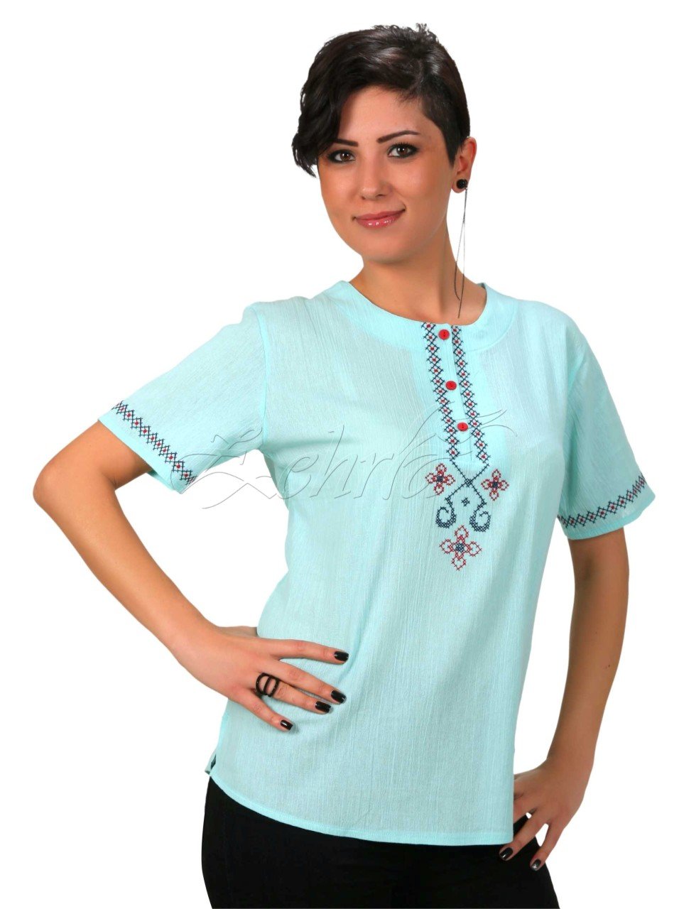 Aleyna Kısa Kollu Şile Bezi Bluz Mint - L